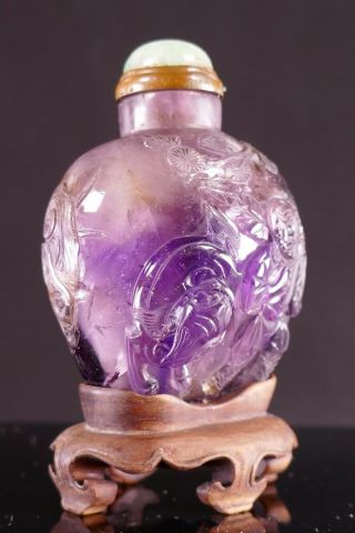 18th/19th Century Chinese Carved Amethyst Snuff Bottle w/ Jadeite Stopper 2