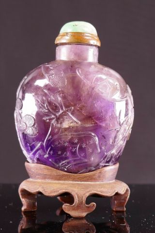 18th/19th Century Chinese Carved Amethyst Snuff Bottle w/ Jadeite Stopper 4