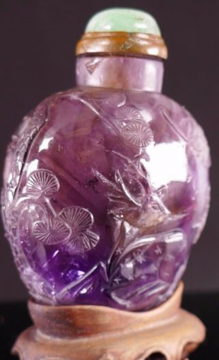 18th/19th Century Chinese Carved Amethyst Snuff Bottle w/ Jadeite Stopper 6