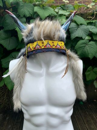 Fine Vintage Native American Indian,  Rare Headdress,  Beaded - Soft Leather