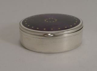 Large Vintage Swedish Sterling Silver and Guilloche Enamel Pill Box - Gold Inlay 4