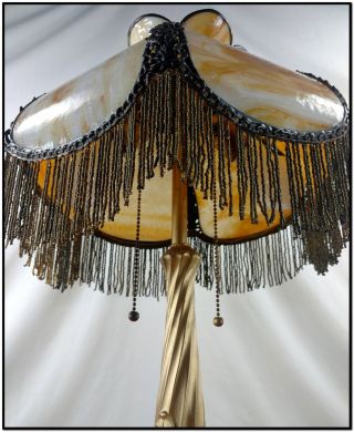 Antique Beaded Fringe Caramel Bent Slag Glass Shade Table Lamp 21 " Tall As Found