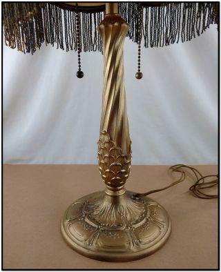 ANTIQUE BEADED FRINGE CARAMEL BENT SLAG GLASS SHADE TABLE LAMP 21 
