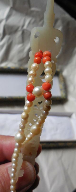 Antique Carved Chinese Jade Coral Pearl Hairpin Stick Hair Pin 9
