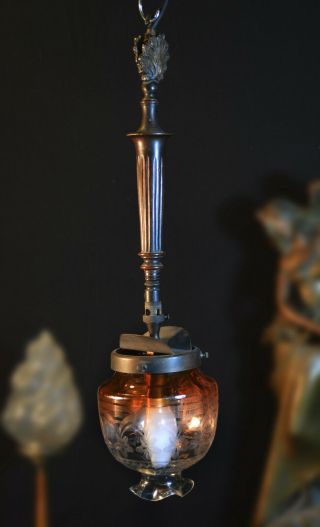 Rare Victorian 19th C antique cast bronze ceiling gas light etched glass lantern 11