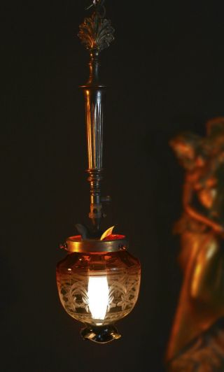Rare Victorian 19th C antique cast bronze ceiling gas light etched glass lantern 12