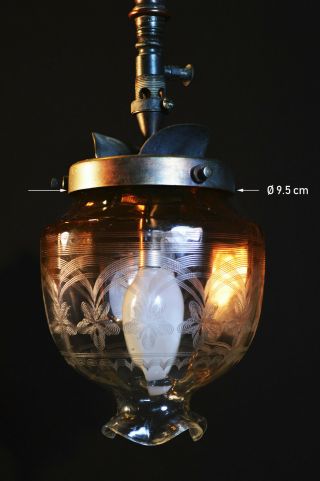 Rare Victorian 19th C antique cast bronze ceiling gas light etched glass lantern 2