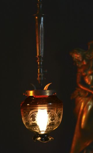Rare Victorian 19th C antique cast bronze ceiling gas light etched glass lantern 3