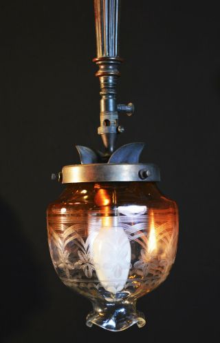 Rare Victorian 19th C antique cast bronze ceiling gas light etched glass lantern 8