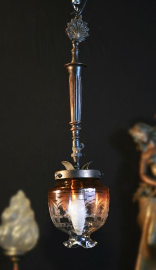 Rare Victorian 19th C antique cast bronze ceiling gas light etched glass lantern 9