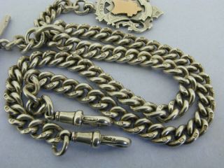 Heavy Antique Solid Silver Double Albert Watch Chain T - Bar & Fob 17 & ¼ inch 90g 10
