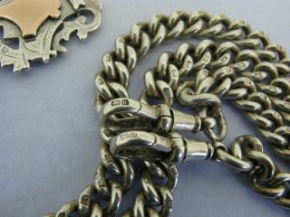 Heavy Antique Solid Silver Double Albert Watch Chain T - Bar & Fob 17 & ¼ inch 90g 11