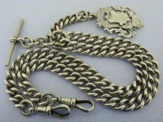 Heavy Antique Solid Silver Double Albert Watch Chain T - Bar & Fob 17 & ¼ inch 90g 12