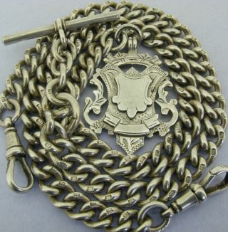 Heavy Antique Solid Silver Double Albert Watch Chain T - Bar & Fob 17 & ¼ Inch 90g