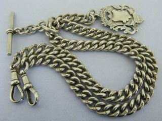 Heavy Antique Solid Silver Double Albert Watch Chain T - Bar & Fob 17 & ¼ inch 90g 2