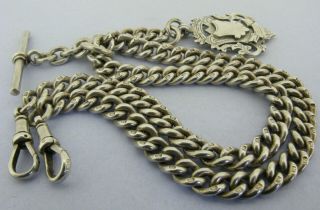 Heavy Antique Solid Silver Double Albert Watch Chain T - Bar & Fob 17 & ¼ inch 90g 3