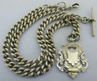 Heavy Antique Solid Silver Double Albert Watch Chain T - Bar & Fob 17 & ¼ inch 90g 4