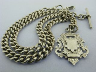 Heavy Antique Solid Silver Double Albert Watch Chain T - Bar & Fob 17 & ¼ inch 90g 5