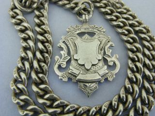 Heavy Antique Solid Silver Double Albert Watch Chain T - Bar & Fob 17 & ¼ inch 90g 6
