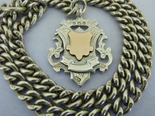 Heavy Antique Solid Silver Double Albert Watch Chain T - Bar & Fob 17 & ¼ inch 90g 7