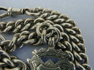 Heavy Antique Solid Silver Double Albert Watch Chain T - Bar & Fob 17 & ¼ inch 90g 8