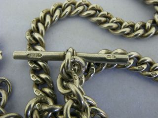 Heavy Antique Solid Silver Double Albert Watch Chain T - Bar & Fob 17 & ¼ inch 90g 9