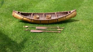 Handmade Native American Bark Canoe 37 Inches With Oars,  Baskets And Forks