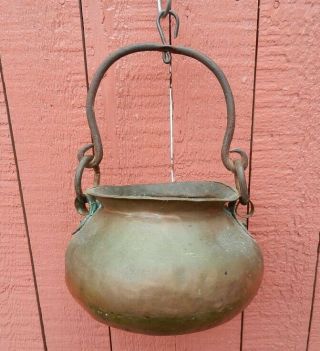 Antique Dovetail Copper Cauldron Apple Butter Kettle Hearth Pot Iron Handle