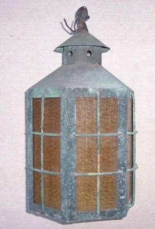 Antique Arts & Crafts Era Mission Copper Light Fixture Hanging Lantern Verdigris