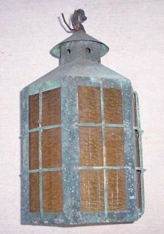 Antique Arts & Crafts Era Mission COPPER LIGHT FIXTURE Hanging Lantern Verdigris 4