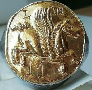 Rare Ancient Roman Silver Legionnaire Ring Pegasus With Inlaid Gold 24k Unique