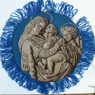 Victorian Bead Work Circular Panel Of Classical Madonna For Pillow Or Tabletop
