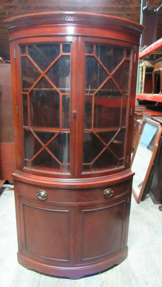 Drexel Bowfront Curved Glass Mahogany China Corner Cabinet