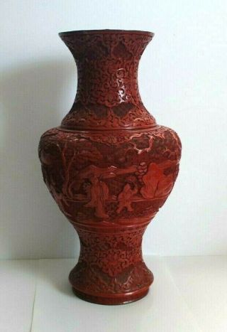Antique Chinese Carved Red Lacquer Wood Cinnabar Vase Figures Trees Children