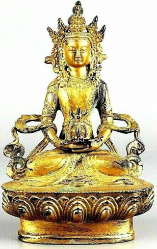 Antique Chinese Gold Gilt Buddha Statue Figure Very Old Sitting On Lotus Flower