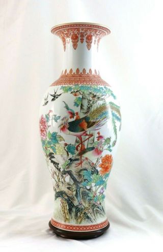 Large Chinese Porcelain Vase Decorated Glazed Birds Nm W Wood Stand Marked