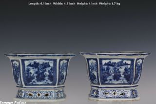Fine Pair Chinese Blue And White Porcelain Landscape View Flower Pots