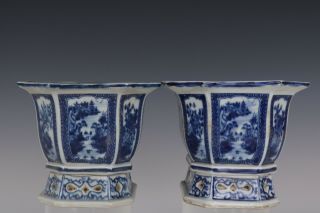 Fine Pair Chinese Blue and White Porcelain Landscape View Flower Pots 3