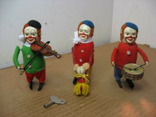 3 Schuco Tin Key Windup Toy Clowns Fiddle Drum Wind Up