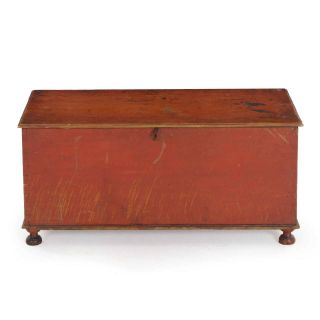 American Red Painted Antique Blanket Chest Document Box,  Miniature C.  1820 - 40