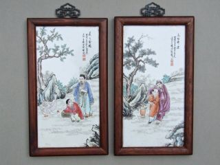 Pair Chinese Porcelain Plaques Panels Paintings 20th C.  Figures Republic Int