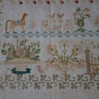 CIRCA 19THC.  NEEDLEWORK SAMPLER W/BIRDS,  BUTTERFLIES,  ANIMALS,  AMERICAN?GERMAN? 5