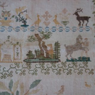 CIRCA 19THC.  NEEDLEWORK SAMPLER W/BIRDS,  BUTTERFLIES,  ANIMALS,  AMERICAN?GERMAN? 6