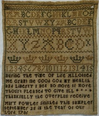 Small Late 18th Century Alphabet,  Crown & Verse Sampler By Mary Fowler - 1786