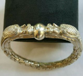 Fine Antique Chinese Silver Double Dragon Screw In Ball Chain Bracelet Signed