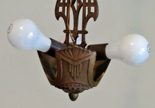 Art Deco Chandelier Ceiling Light Fixture with 3 Glass Slip Shades c1925 5