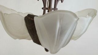 Art Deco Chandelier Ceiling Light Fixture with 3 Glass Slip Shades c1925 6