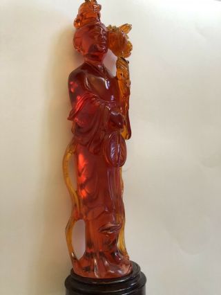 Antique Chinese Amber Carved Quanyin With Stand H 12.  5” Very Rare And Old