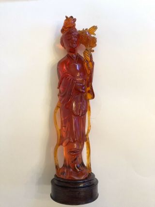 Antique Chinese Amber Carved Quanyin With Stand H 12.  5” Very Rare And Old 3