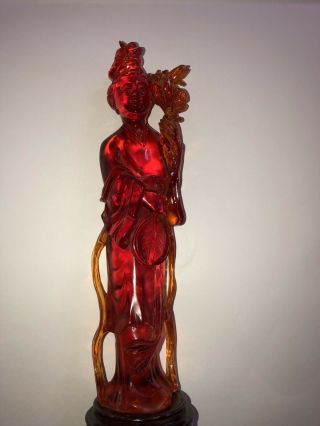 Antique Chinese Amber Carved Quanyin With Stand H 12.  5” Very Rare And Old 4